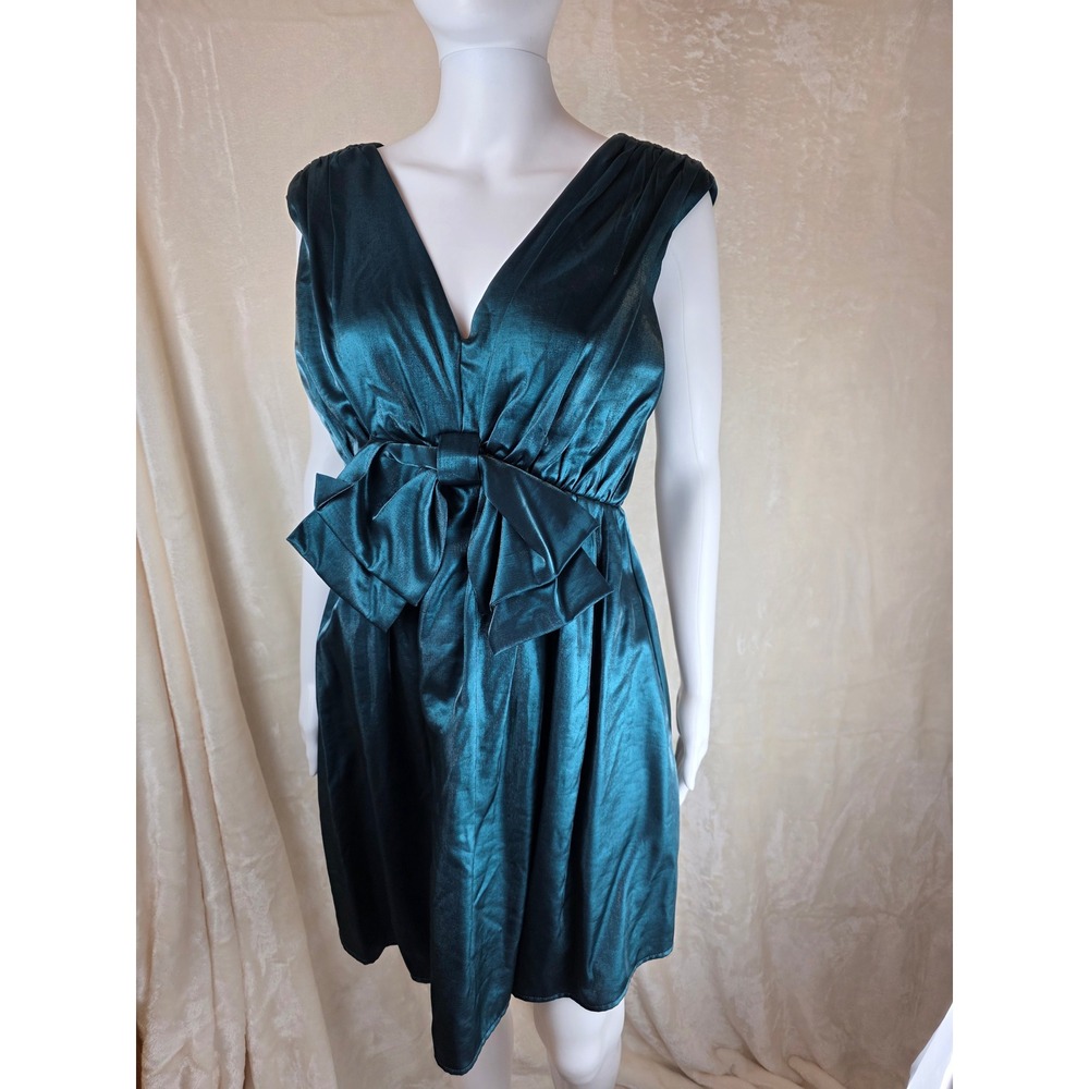 Entro Teal Satin Bow Waist V Neck Sleeveless Mini Dress Size S NWT
